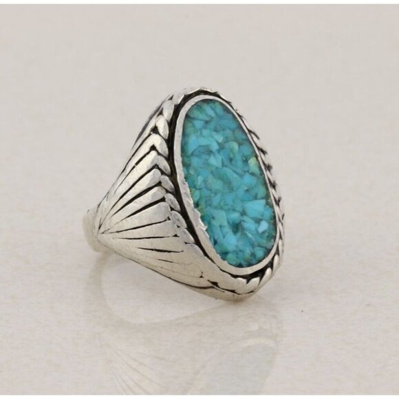 Sterling Silver Crushed Turquoise Ring Men's or Women's Size 7 3/4 - Picture 4 of 6